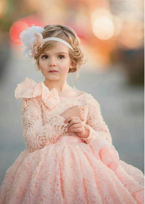 Long Sleeves Blush Pink Rosette Flower Girl Dress